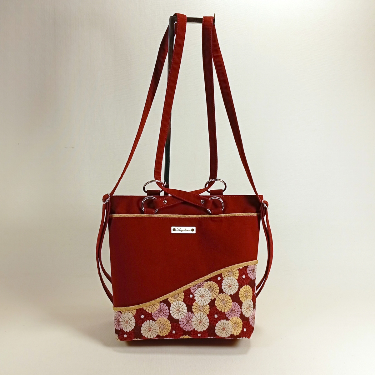 Sac "Zéna" bordeaux avec bande ondulée de fleurs – Image 4
