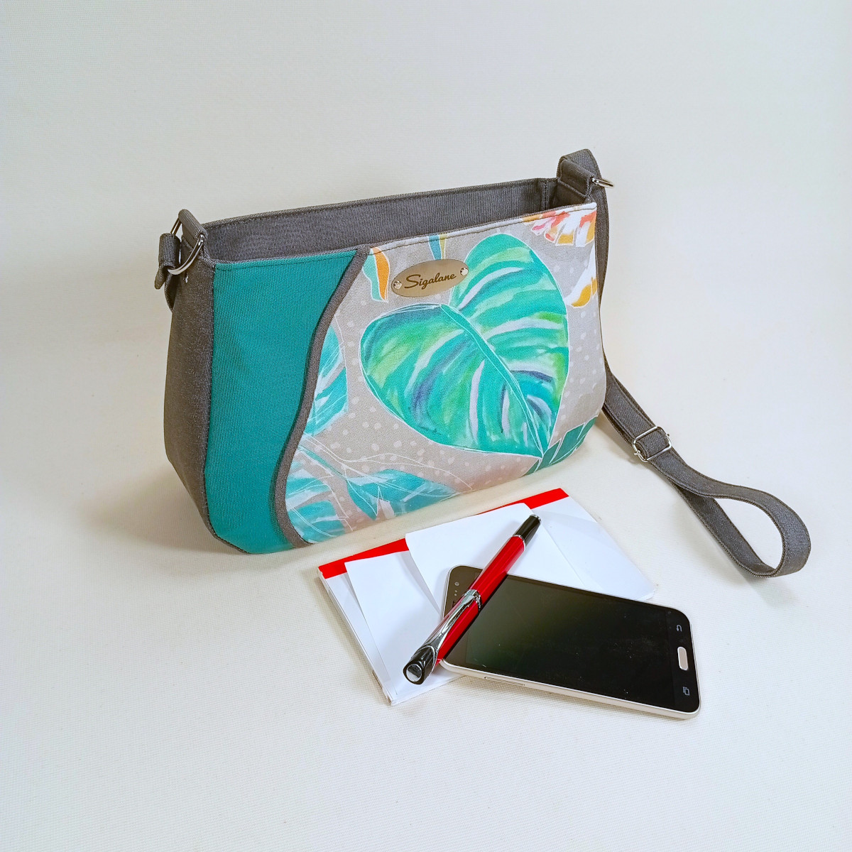 sac "Justine" feuille, vert et uni gris – Image 2